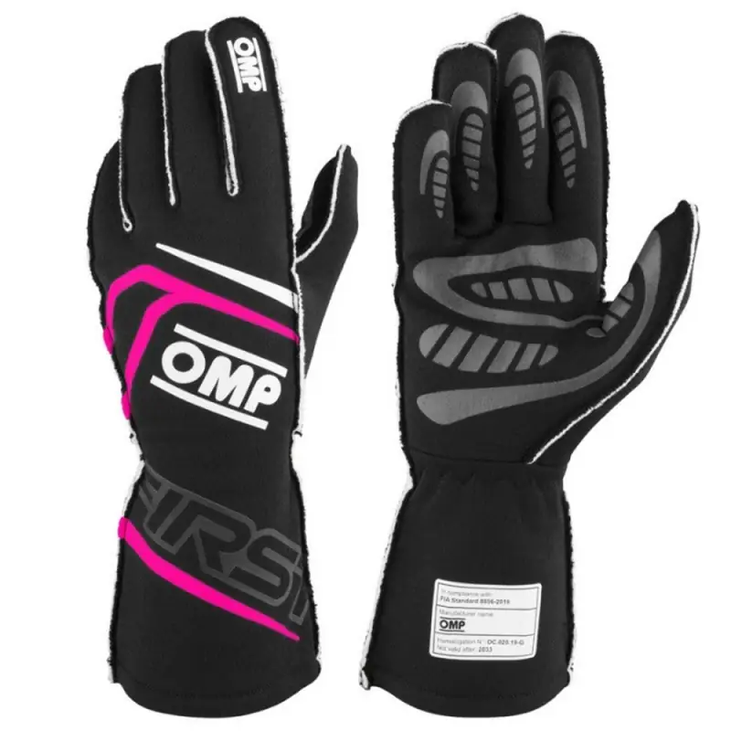 Guantes racing OMP First FIA 8856-2018 MY2025 negro/fucsia talla L