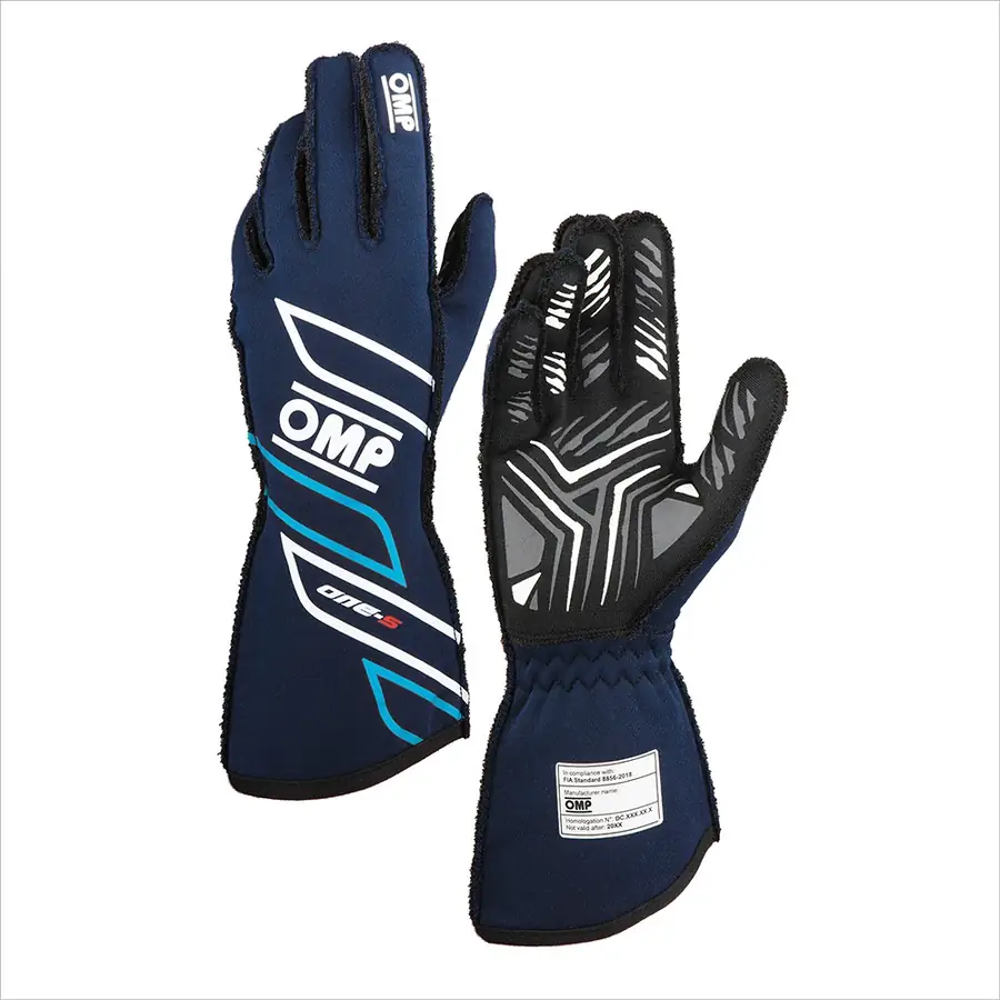 Guantes racing OMP ONE-S MY2025 FIA 8856-2018 azul Marino azul/cian talla L