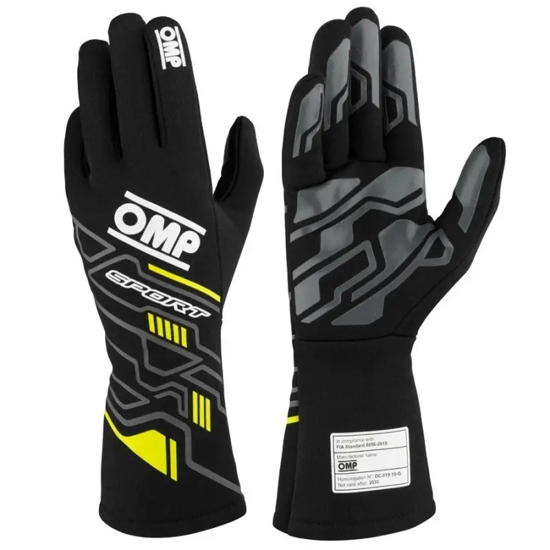 Guantes racing OMP Sport FIA 8856-2018 MY2025 negro/flúor amarillo talla XS
