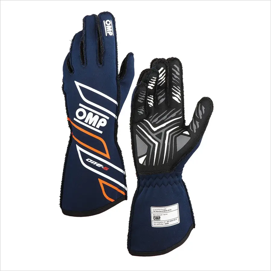 Guantes racing OMP ONE-S MY2025 FIA 8856-2018 azul Marino azul/flúor naranja talla L