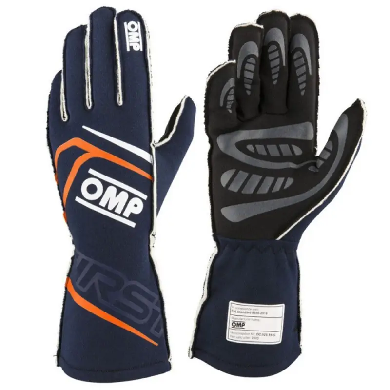 Guantes racing OMP First FIA 8856-2018 MY2025 azul Marino azul/flúor naranja talla L